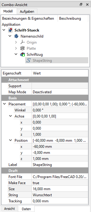 Screenshot Eigenschaften eines Shape String