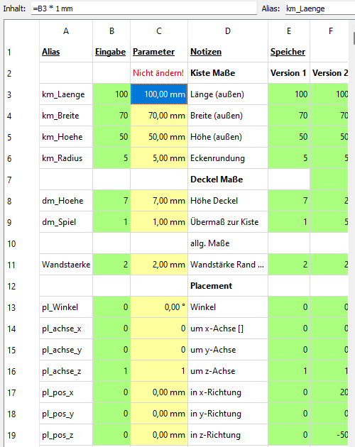 Screenshot der Tabelle mit Parametern