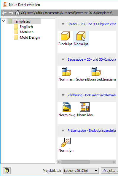 Fenster Neue Datei erstellen im Inventor 2015